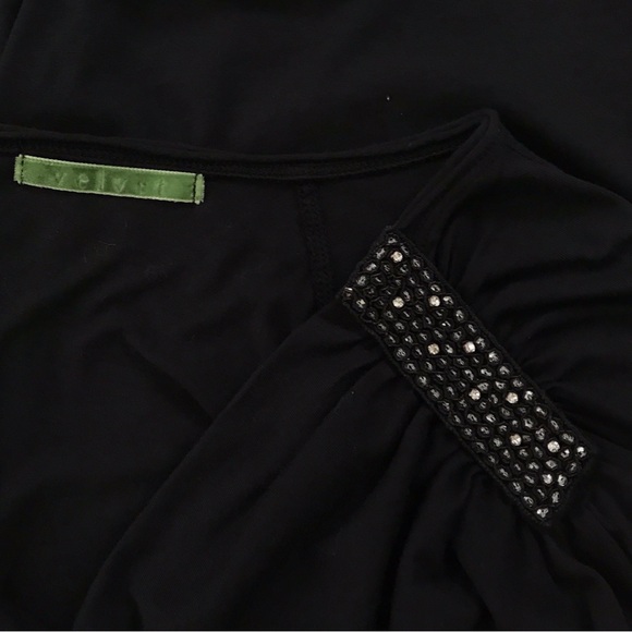 Velvet Black Embellished Tee Shirt 100% Cotton with Cowl Neck & Long Sleeves - Picture 4 of 7